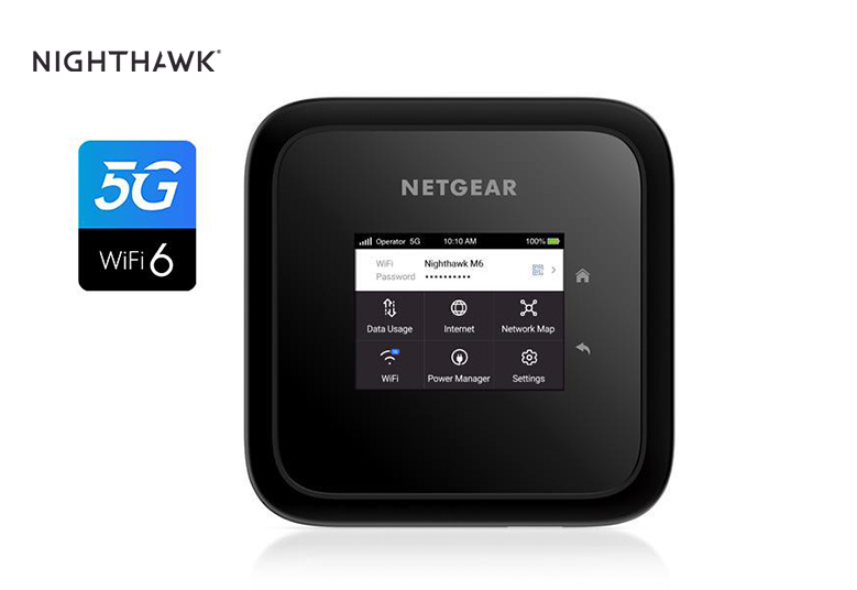 An image of the 5G WiFi 6 Mobile Router (MR6150), also known as the Nighthawk M6 5G WiFi 6 Mobile Hotspot Router. This unlocked device offers speeds of up to 2.5Gbps, providing high-speed internet connectivity for users on the go.