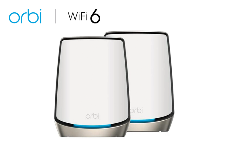 An image showcasing the NETGEAR Orbi Tri-Band WiFi 6 Mesh System (RBK862S), consisting of a router and one satellite extender. With coverage spanning up to 5,400 sq. ft. and support for up to 100 devices, this system offers AX6000 speeds of up to 6Gbps. Featuring a 10 Gig internet port and Armor subscription, it provides robust internet connectivity and security for modern homes or offices.