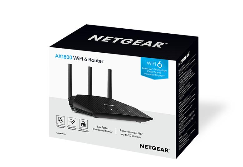 An image of the Netgear RAX10 Wi-Fi 6 Router still in its packaging box, ready for unboxing and installation. The box displays the model name, features, and specifications, promising high-speed internet connectivity and coverage.