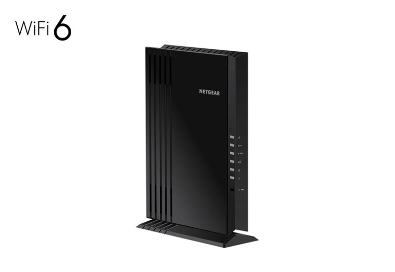 An image depicting the AX1800 WiFi Mesh Extender (EAX20), a NETGEAR® dual-band WiFi 6 mesh extender offering speeds of 1.8Gbps. Designed to seamlessly integrate into existing networks, providing extended coverage and improved connectivity.
