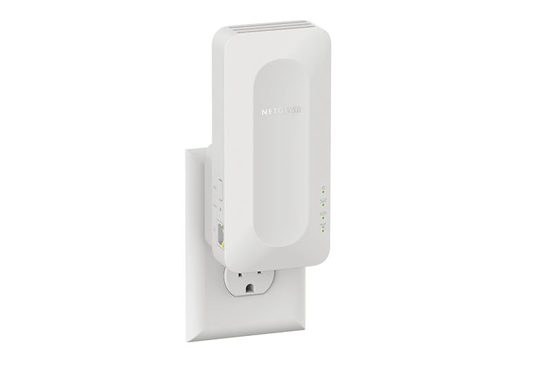 An image displaying the Netgear AX1600 4-Stream WiFi 6 Mesh Extender (EAX12), a dual-band WiFi 6 extender offering speeds of 1.6Gbps. Designed with a wall-plug configuration and internal antennas, it seamlessly integrates into home environments to extend wireless coverage. Ideal for enhancing network connectivity and eliminating dead zones
