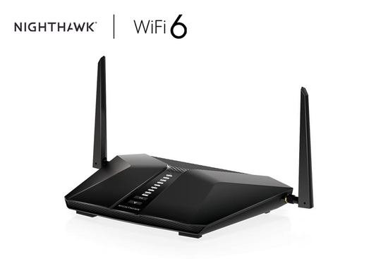 An image showing the Netgear LAX20 router, a sleek black device with antennas, providing high-speed internet connectivity for home or office networks.