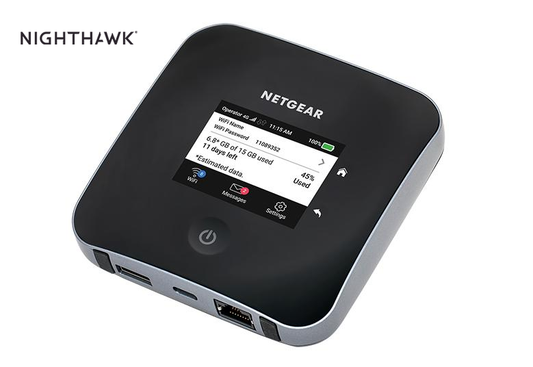 An image featuring the 4G LTE Advanced Mobile Router (MR2100), also known as the Nighthawk M2 Mobile Router. This device offers advanced connectivity options and high-speed internet access on the go, ideal for mobile users and travelers.