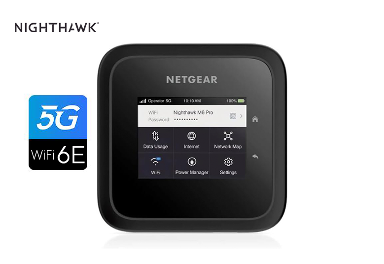 An image featuring the Nighthawk M6 Pro 5G mmWave WiFi 6E Mobile Hotspot Router, unlocked for versatile usage, and capable of delivering speeds of up to 8Gbps. This device offers high-speed internet connectivity on the go, providing users with reliable access to fast internet connections.