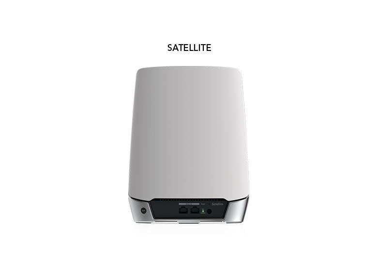 An image displaying the backside of the Orbi RBS750 - AX4200 Tri-Band Mesh WiFi 6 Satellite, revealing its ports and connectivity options. This satellite unit is a crucial component in expanding and enhancing your Orbi Mesh WiFi network.