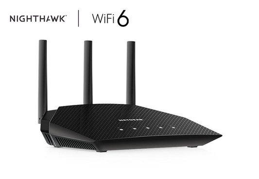 An image showcasing the Netgear 4-Stream Wi-Fi 6 Router (RAX10), featuring AX1800 Wireless Speeds of up to 1.8 Gbps. With coverage spanning 1,500 sq. ft., this dual-band router in sleek black (RAX10-100EUS) delivers high-performance internet connectivity, ideal for modern home environments.