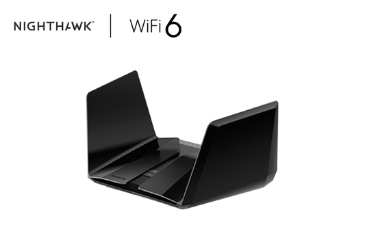 An image of the AX6000 WiFi Router (RAX120), also known as the Nighthawk 12-Stream Dual-Band WiFi 6 Router, offering speeds of up to 6Gbps. This router delivers high-performance internet connectivity for home or office environments