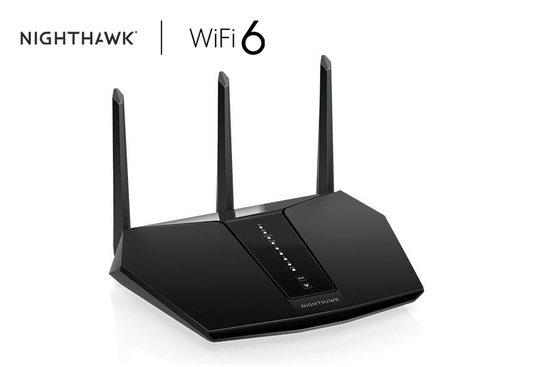 An image featuring the NETGEAR Nighthawk WiFi 6 Router (RAX30), a 5-stream dual-band gigabit router offering AX2400 wireless speeds of up to 2.4 Gbps. With coverage spanning up to 2,000 sq.ft. and supporting connectivity for up to 20 devices, this router ensures seamless internet access for modern homes and offices.
