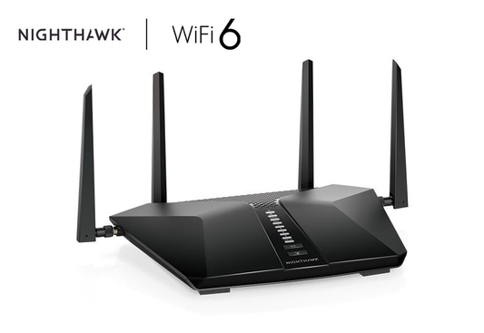 An image displaying the Nighthawk RAX43 - AX4200 5-Stream Dual-band WiFi 6 Router, featuring advanced wireless technology for high-speed internet connectivity. With AX4200 speeds and dual-band capability, this router delivers reliable performance for home or office networks.