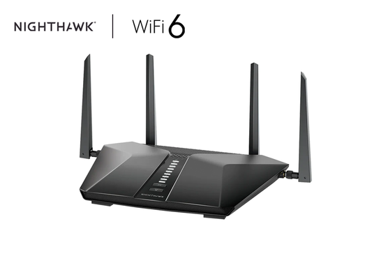 An image of the AX5400 WiFi Router (RAX50), also known as the Nighthawk 6-Stream Dual-Band WiFi 6 Router, offering speeds of up to 5.4Gbps. This router provides high-performance internet connectivity for homes or offices, ensuring smooth and reliable network operation.
