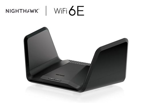 An image showcasing the AXE7800 WiFi Router (RAXE300), a Nighthawk 8-Stream Tri-Band WiFi 6E Router. With speeds of up to 7.8Gbps, this router provides robust internet connectivity. Additionally, it comes with armor protection for enhanced network security