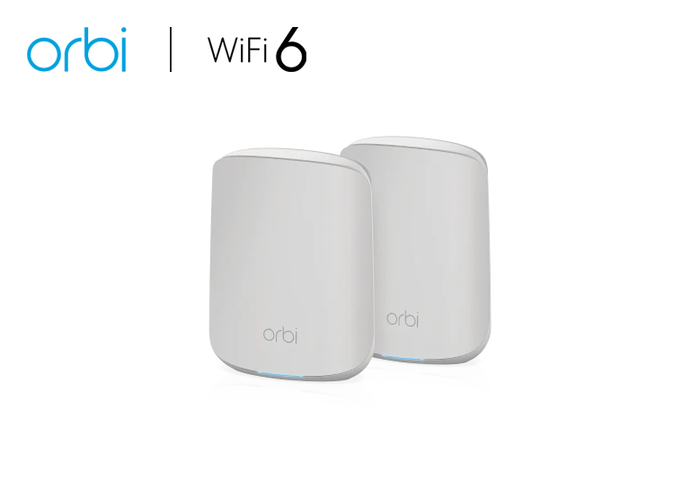 An image of the Orbi RBK352 WiFi 6 Dual-band Mesh System (AX1800), designed to provide high-speed internet connectivity and seamless coverage for your home network. This mesh system offers reliable performance with its WiFi 6 technology, ensuring smooth connectivity for various devices.