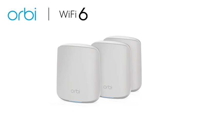 An image displaying the RBK353 Orbi AX1800 WiFi 6 Dual-band Mesh System 3-pack, designed to deliver high-speed internet connectivity and seamless coverage throughout your home. This mesh system offers reliable performance and support for multiple devices, ensuring a smooth online experience.