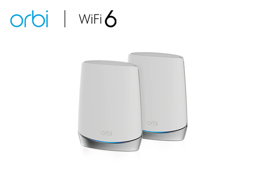 An image displaying the Netgear Orbi Whole Home Tri-Band Mesh WiFi 6 System (RBK752), featuring a router with one satellite extender. This system offers coverage up to 5,000 sq. ft. and supports over 40 devices, providing Mesh AX4200 WiFi 6 speeds of up to 4.2Gbps for seamless internet connectivity.