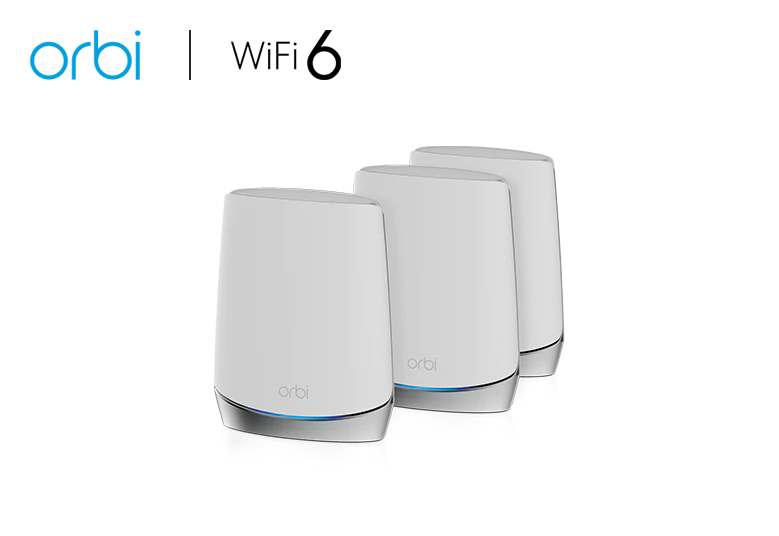 An image showcasing the AX4200 WiFi Mesh System (RBK753), a part of the Orbi Tri-Band WiFi 6 Mesh System. This system offers speeds of up to 4.2Gbps and includes a router along with two satellites, providing comprehensive coverage and reliable connectivity for modern homes or offices.