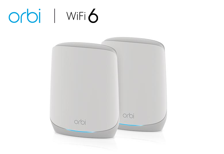 An image presenting the AX5400 WiFi Mesh System (RBK762S), part of the NETGEAR® Orbi™ Tri-band WiFi 6 Mesh System. This setup offers speeds of up to 5.4Gbps and includes a router paired with one satellite, ensuring expansive coverage and high-speed connectivity for modern homes or offices.