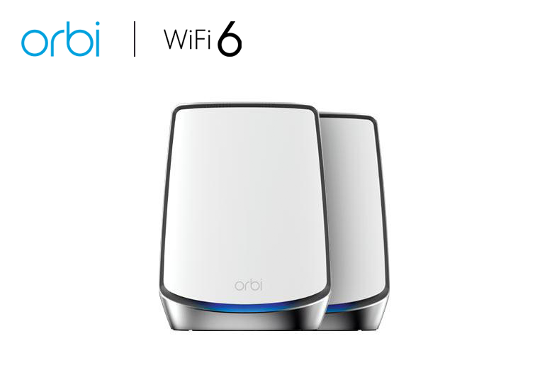 An image showcasing the NETGEAR Orbi Whole Home Tri-band Mesh WiFi 6 System (RBK852), consisting of a router and one satellite extender. With coverage extending up to 5,000 sq. ft. and support for up to 100 devices, this system delivers AX6000 speeds of up to 6Gbps. Ideal for comprehensive home WiFi coverage, offering seamless connectivity for modern households