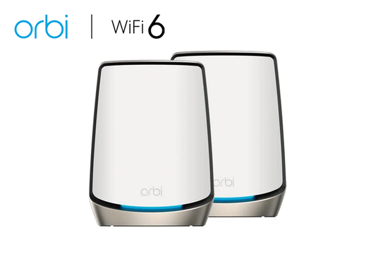 An image showcasing the NETGEAR Orbi Tri-Band WiFi 6 Mesh System (RBK862S), consisting of a router and one satellite extender. With coverage spanning up to 5,400 sq. ft. and support for up to 100 devices, this system offers AX6000 speeds of up to 6Gbps. Featuring a 10 Gig internet port and Armor subscription, it provides robust internet connectivity and security for modern homes or offices.