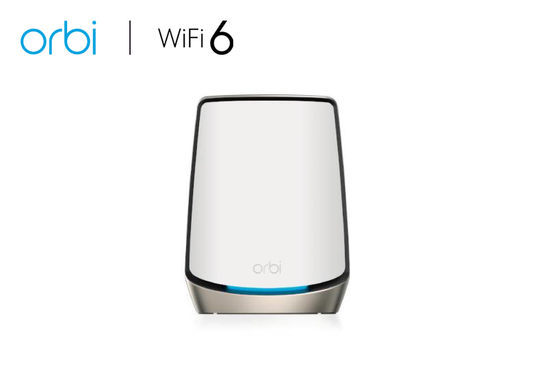 An image featuring the Orbi 860 Series Tri-Band WiFi 6 Router, offering speeds of up to 6Gbps and equipped with a 10 Gigabit Ethernet port for high-speed wired connections. Designed to deliver fast and reliable internet connectivity for modern homes and offices.