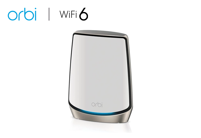 An image displaying the AX6000 WiFi Satellite (RBS860), serving as an Orbi 860 Series Tri-Band WiFi 6 Mesh Add-on Satellite, offering speeds of up to 6Gbps. This satellite extends the coverage and performance of your Orbi Mesh network, ensuring seamless connectivity throughout your home or office.