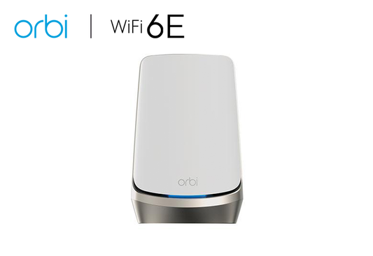 An image featuring the AXE11000 WiFi Router (RBRE960), part of the Orbi 960 Series Quad-Band WiFi 6E Router lineup, providing speeds of up to 10.8Gbps. This advanced router offers high-performance internet connectivity, suitable for modern home or office environments.