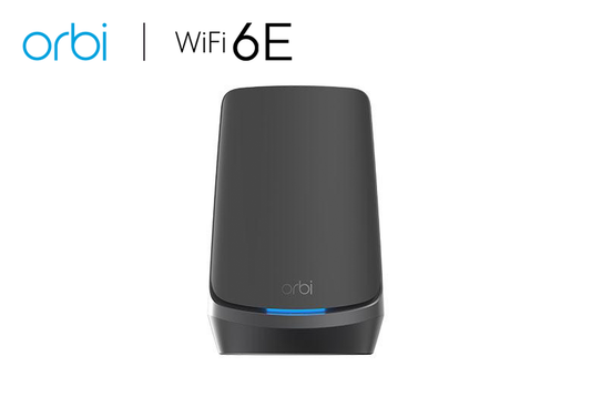 An image featuring the AXE11000 WiFi Satellite (RBSE960B), part of the Orbi 960 Series Quad-Band WiFi 6E Mesh. This black edition satellite offers speeds of up to 10.8Gbps, providing seamless integration and extension of your Orbi Mesh network