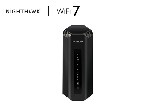 An image displaying the BE19000 WiFi Router (RS700S), featuring the Nighthawk Tri-Band WiFi 7 Router. With speeds of up to 19Gbps and equipped with 10 Gigabit ports, this router ensures high-performance internet connectivity. Additionally, it includes a 1-year NETGEAR Armor subscription for enhanced network security.