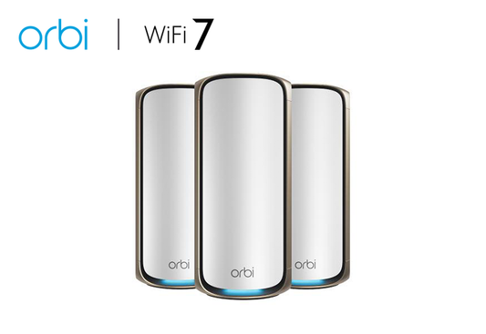 An image presenting the BE27000 Mesh WiFi System (RBE973S), part of the Orbi 970 Series Quad-Band WiFi 7 Mesh System. This 3-pack system offers speeds of up to 27Gbps and includes a 1-year NETGEAR Armor subscription for enhanced network security.